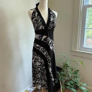 Y2K Vintage Neu Look Black and White Paisley Halter Midi Dress Size 10